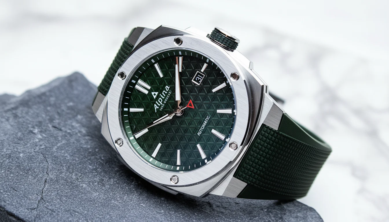 Alpina Alpiner Extreme Automatic hero shot showing the integrated bracelet case design and green textured dial