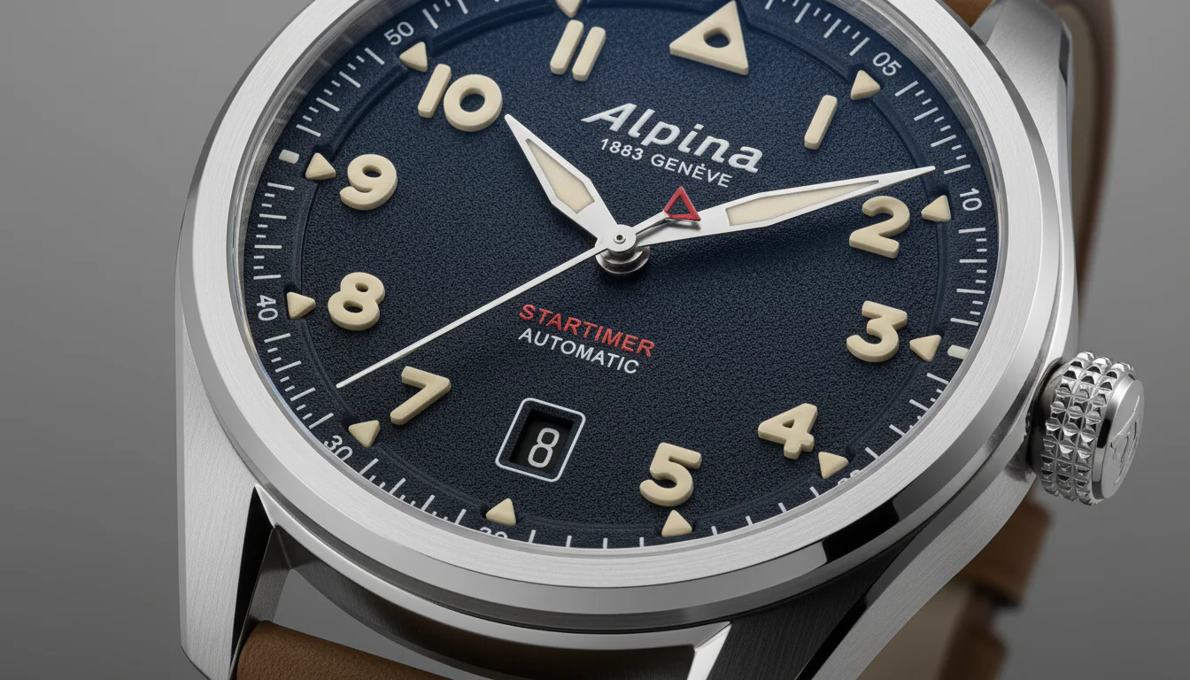 Alpina Startimer Pilot Automatic 2026 dial macro showing the Alpina wordmark and Arabic numerals