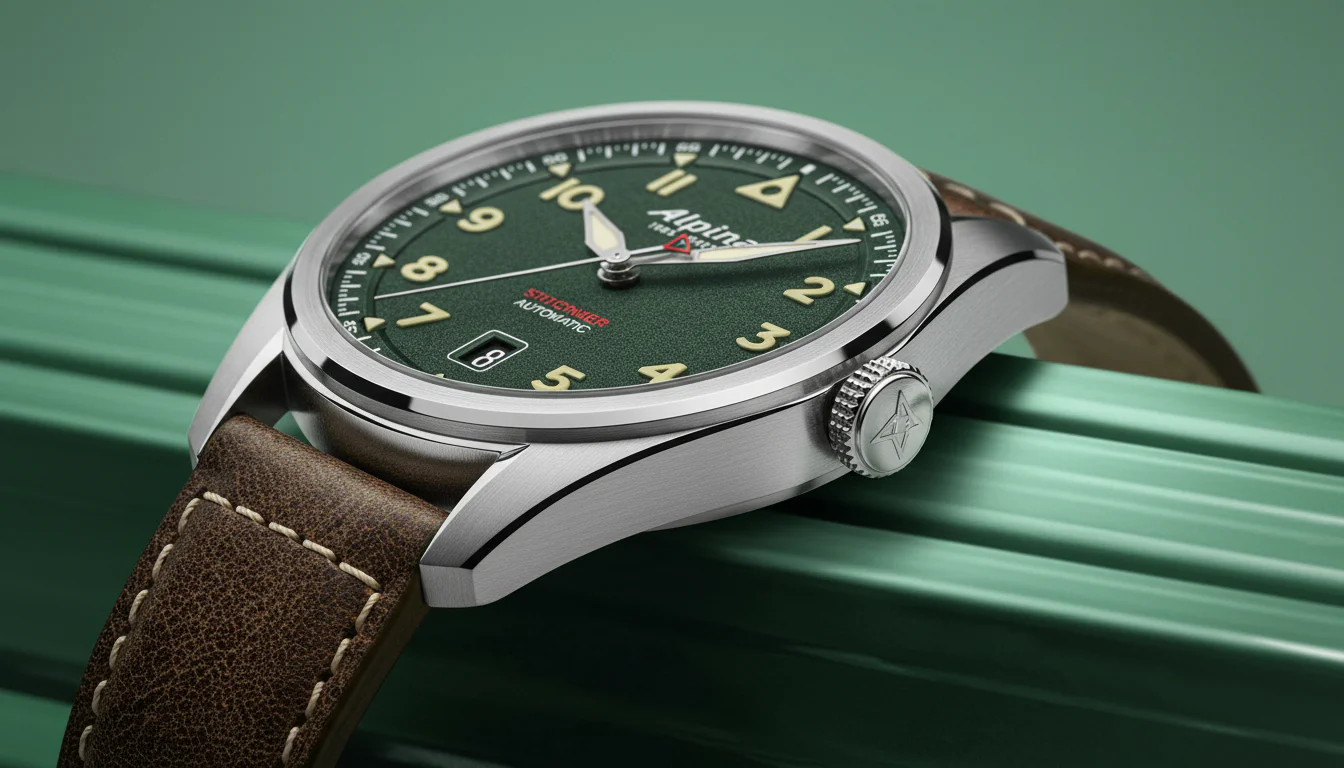 Alpina Startimer Pilot Automatic case and crown detail, angled studio shot on green background
