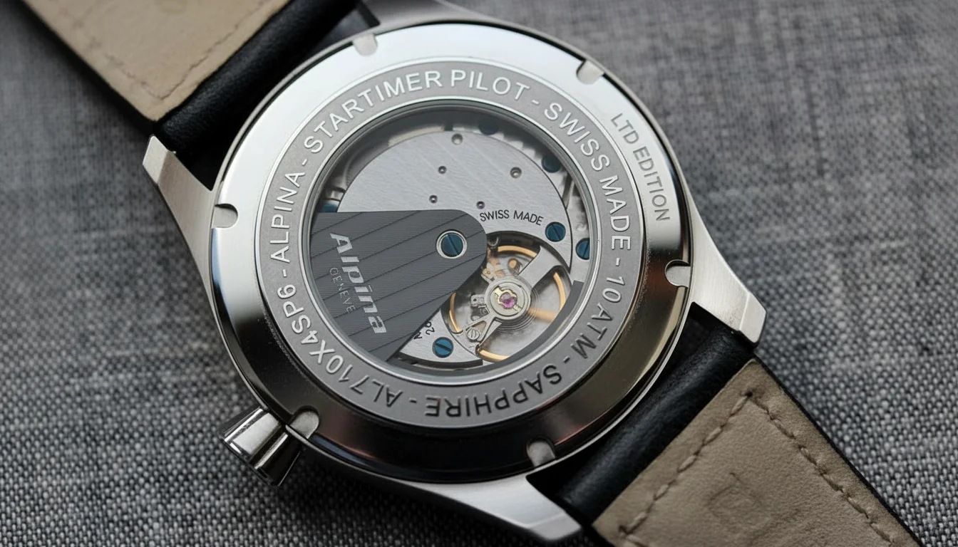 Alpina Startimer Pilot Manufacture engraved caseback showing the in-house AL-710 movement and rotor