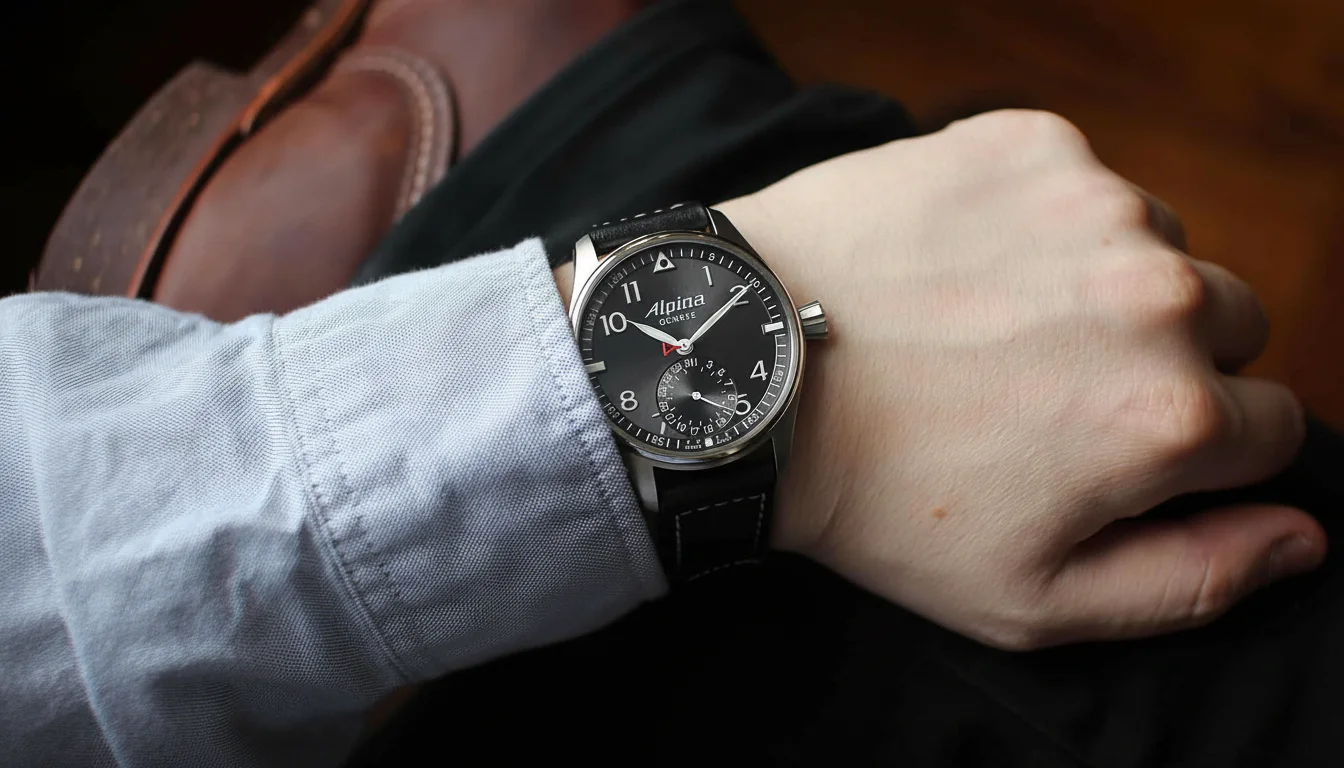 Alpina Startimer Pilot Manufacture worn on the wrist, showing the pointer-date subdial