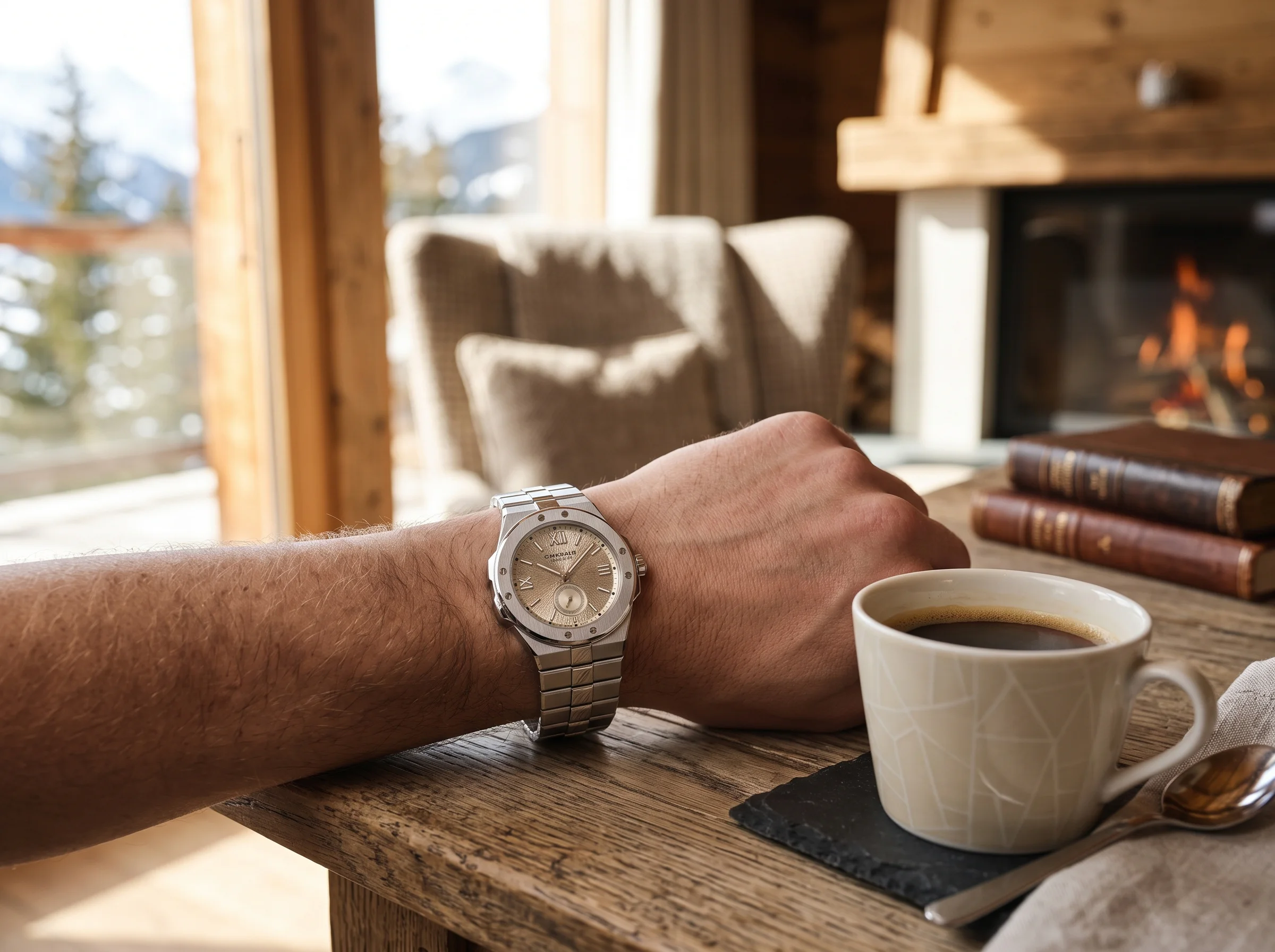 The Chopard Alpine Eagle 41 XPS worn on the wrist in a bright alpine setting