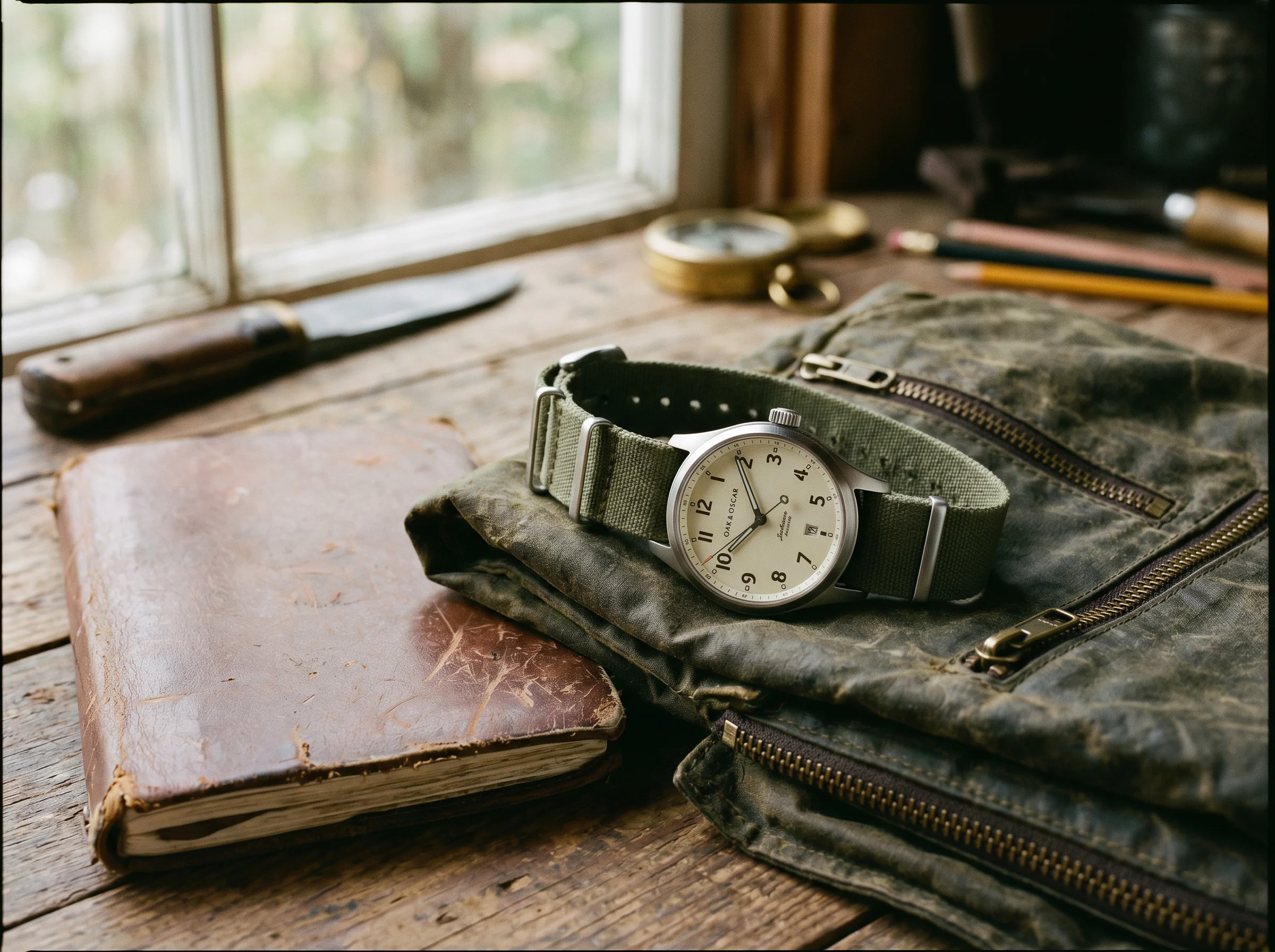 Rugged American field watch on an olive canvas strap resting on a waxed jacket and leather notebook