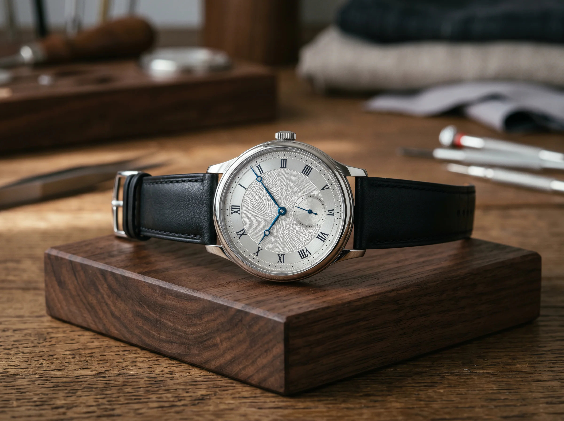 Dress watch with an engine-turned guilloche dial on a walnut watchmaker's block