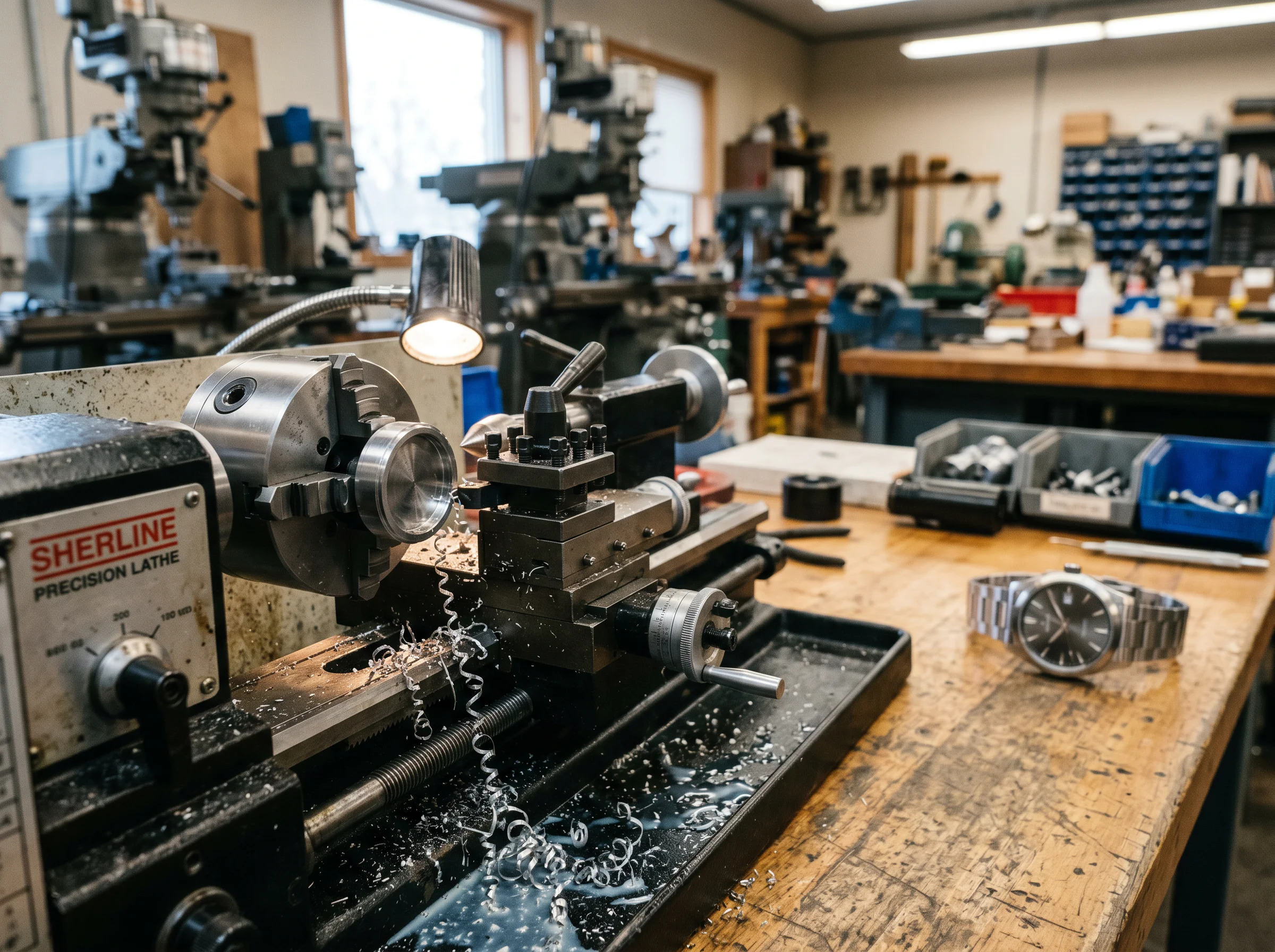 A steel watch case being machined on a precision lathe in a small American workshop