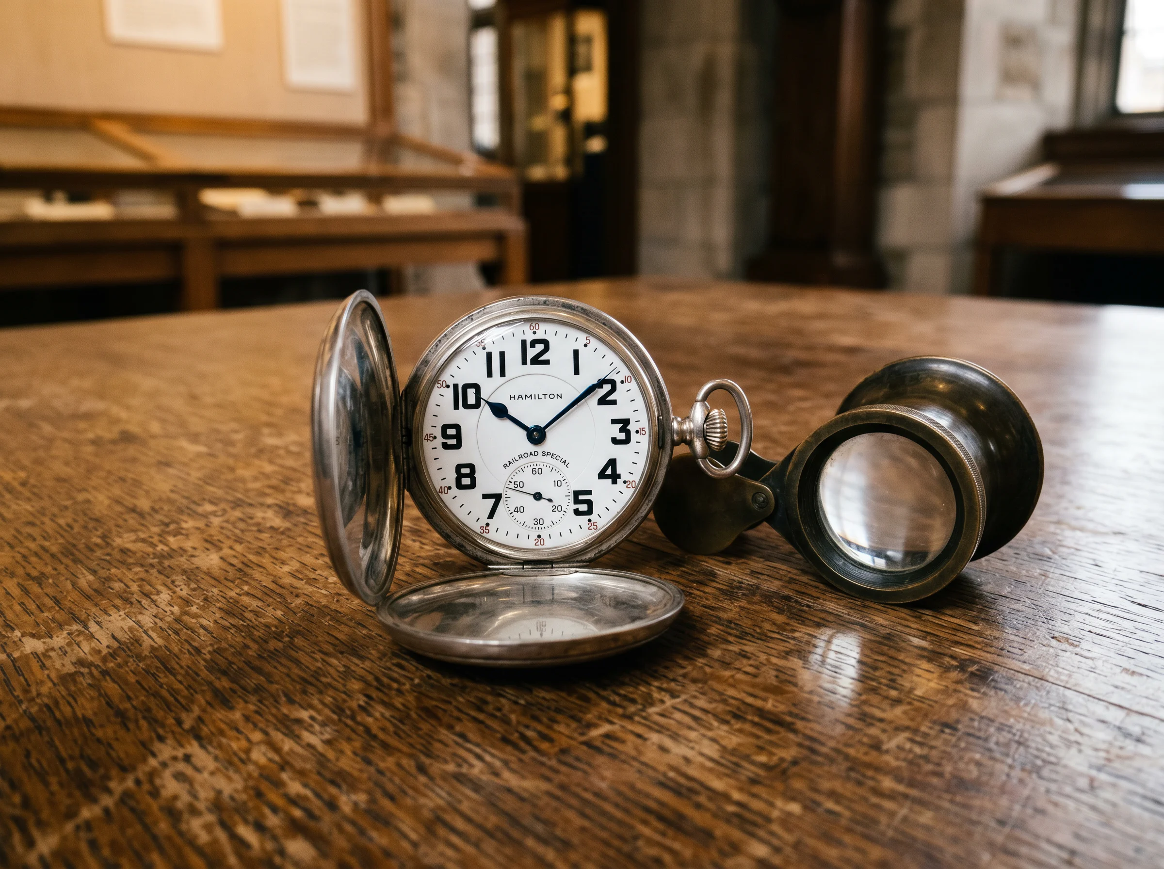 Vintage American railroad pocket watch with an open case on a worn oak table