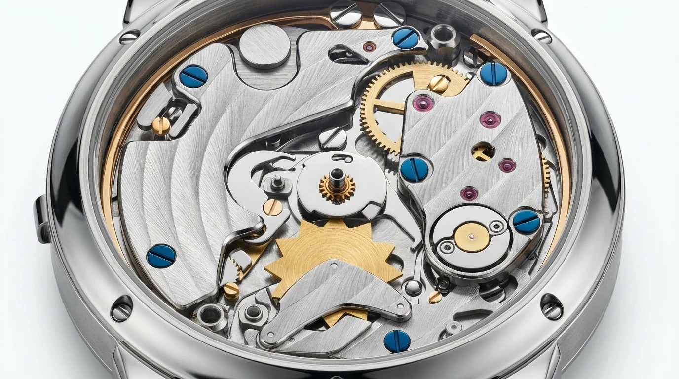 Macro view of the Angelus caliber A600 movement with Cotes de Geneve finishing and blued screws.