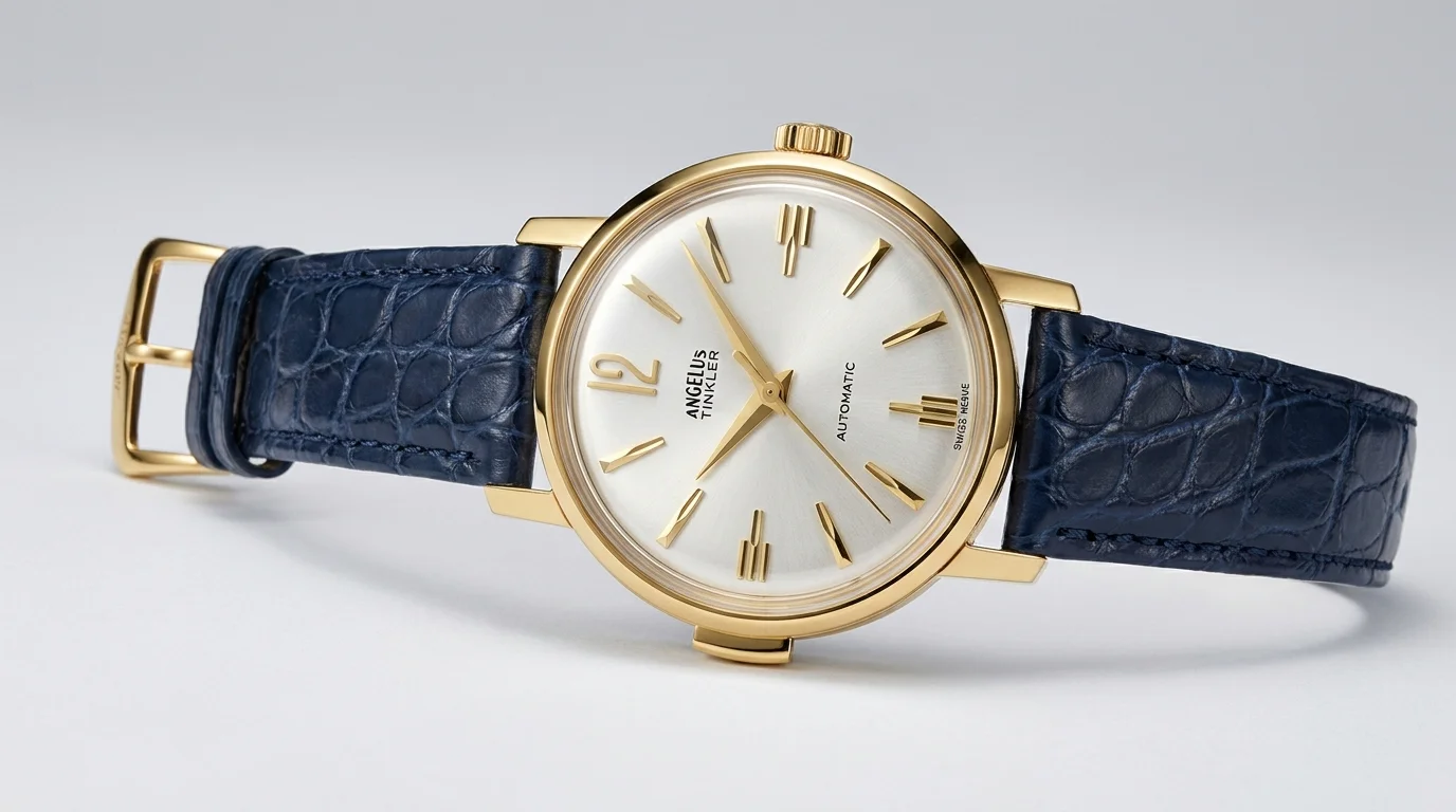 Angelus Tinkler 1958 Quarter Repeater in 18k yellow gold on a deep blue alligator strap.