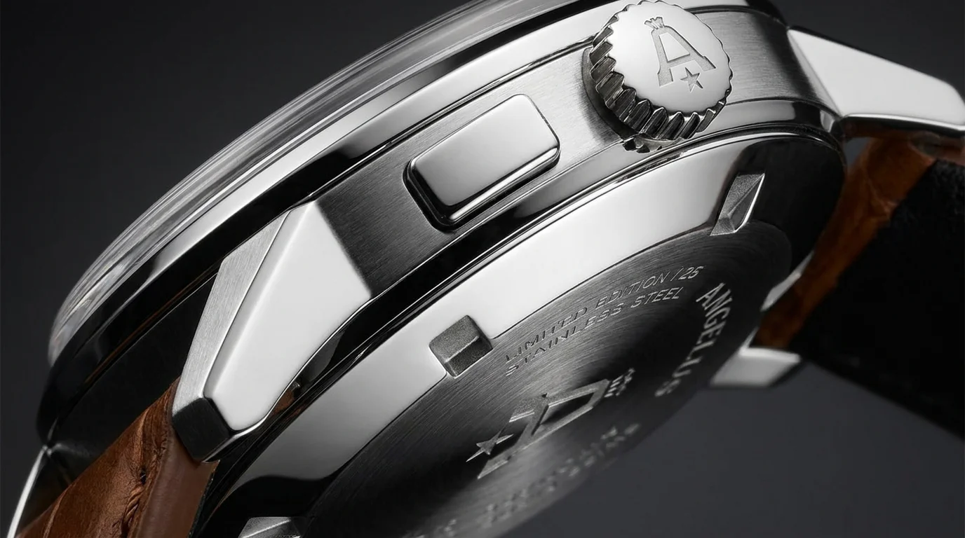 Macro view of the Angelus Tinkler 1958 case side showing the quarter repeater activation pusher.