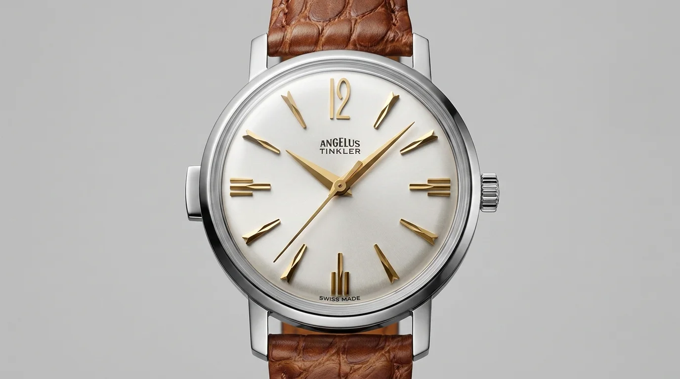 Angelus Tinkler 1958 Quarter Repeater in polished steel with a white dial and exclamation-mark hour markers.