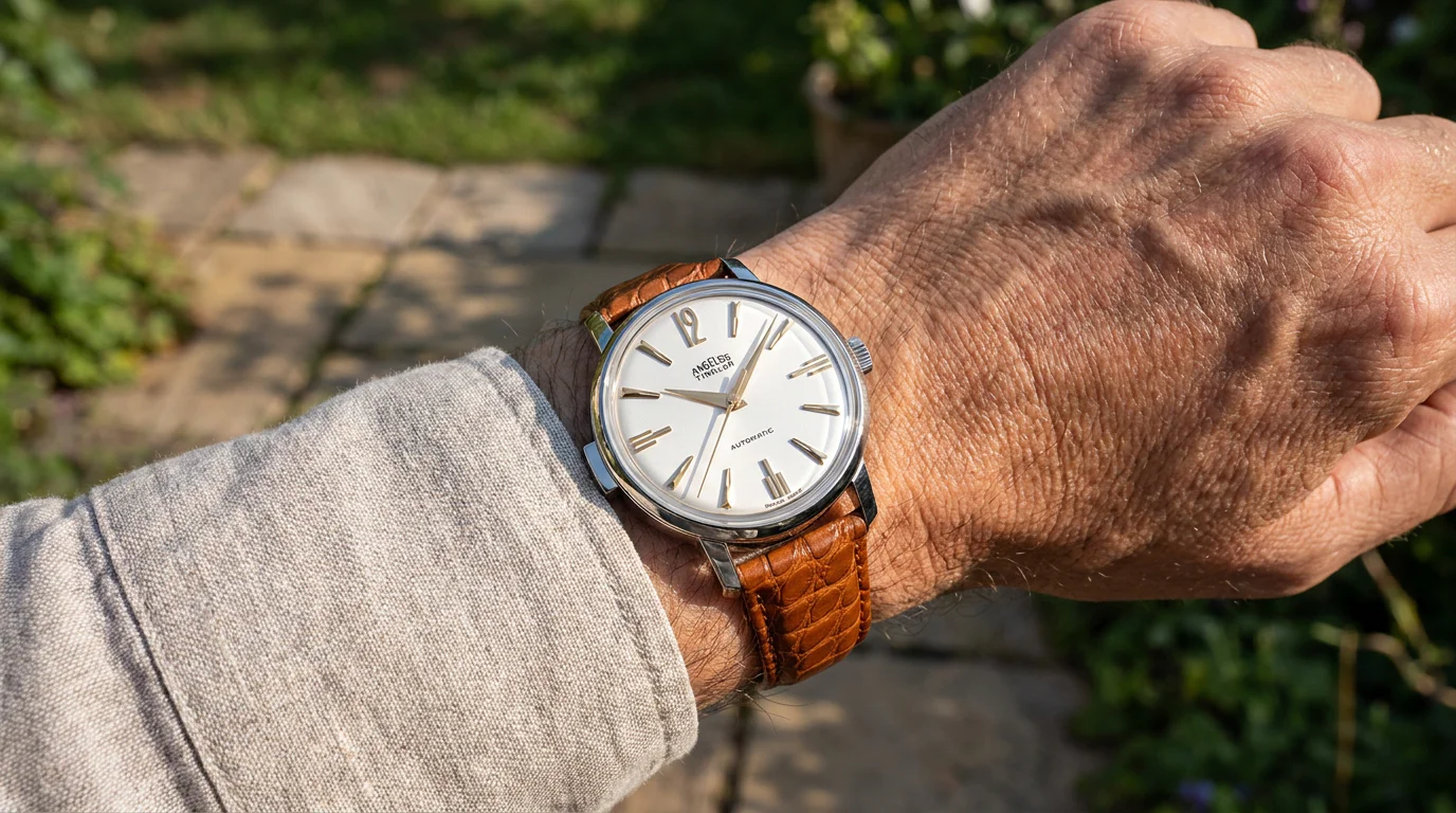 Angelus Tinkler 1958 Quarter Repeater worn on the wrist on a saddle brown alligator strap.