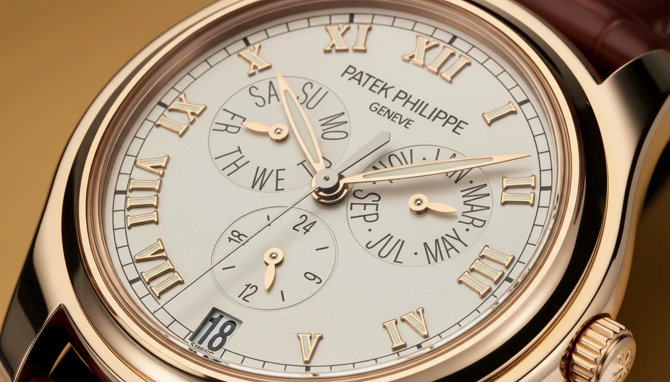 Annual calendar chronograph dial with day, month, date and 24-hour sub-dials