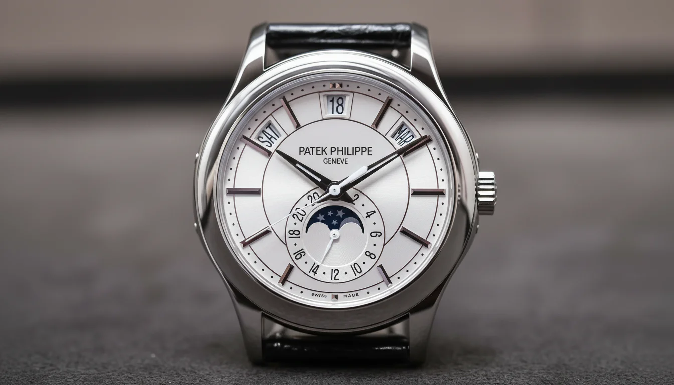 Annual calendar wristwatch dial showing day, date, month and moonphase displays
