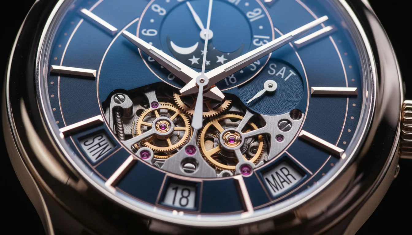 Macro view of an annual calendar's day-of-week and month sub-dials and date window