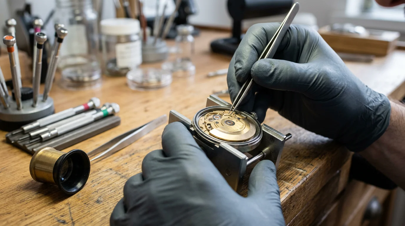 Gloved hands using tweezers to adjust an open calendar movement secured in a movement holder on a watchmaker's bench