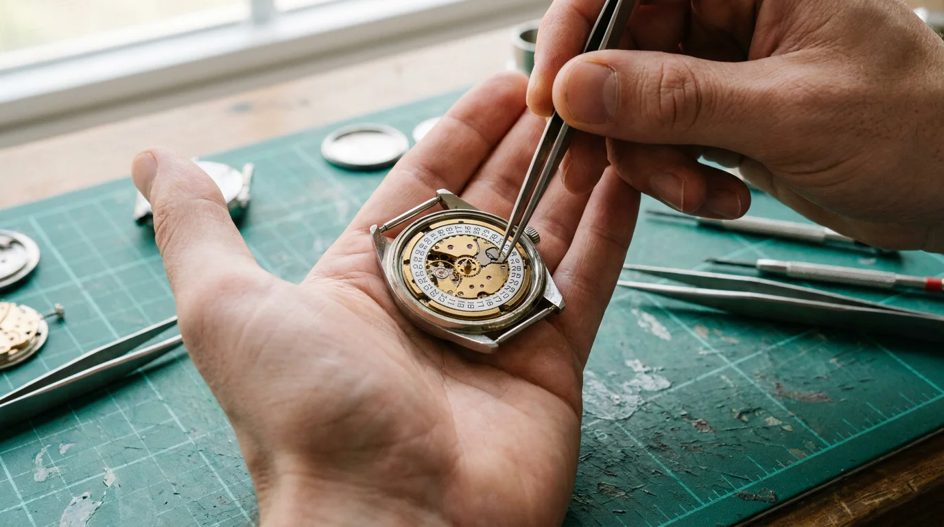 Hands using fine tweezers to adjust a calendar wheel on an open watch movement held in the palm