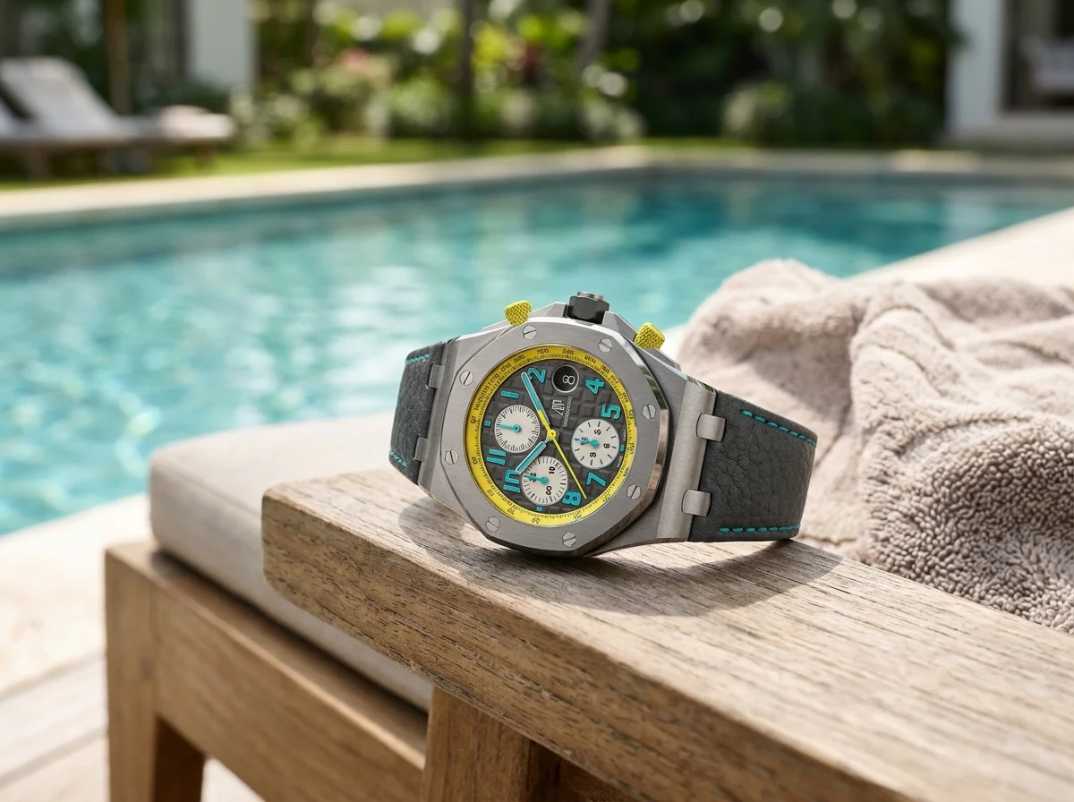 Titanium turquoise and yellow Royal Oak Offshore Chronograph on a teak poolside lounger.