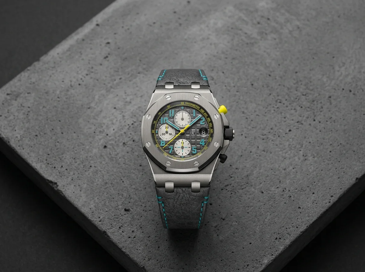 Titanium Royal Oak Offshore Chronograph with turquoise and yellow accents on a concrete slab.