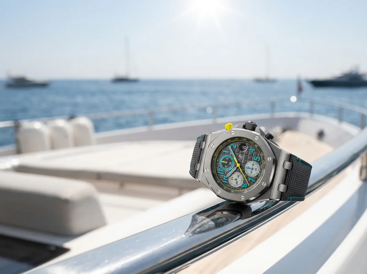 Titanium turquoise and yellow Royal Oak Offshore Chronograph on a white yacht deck rail.