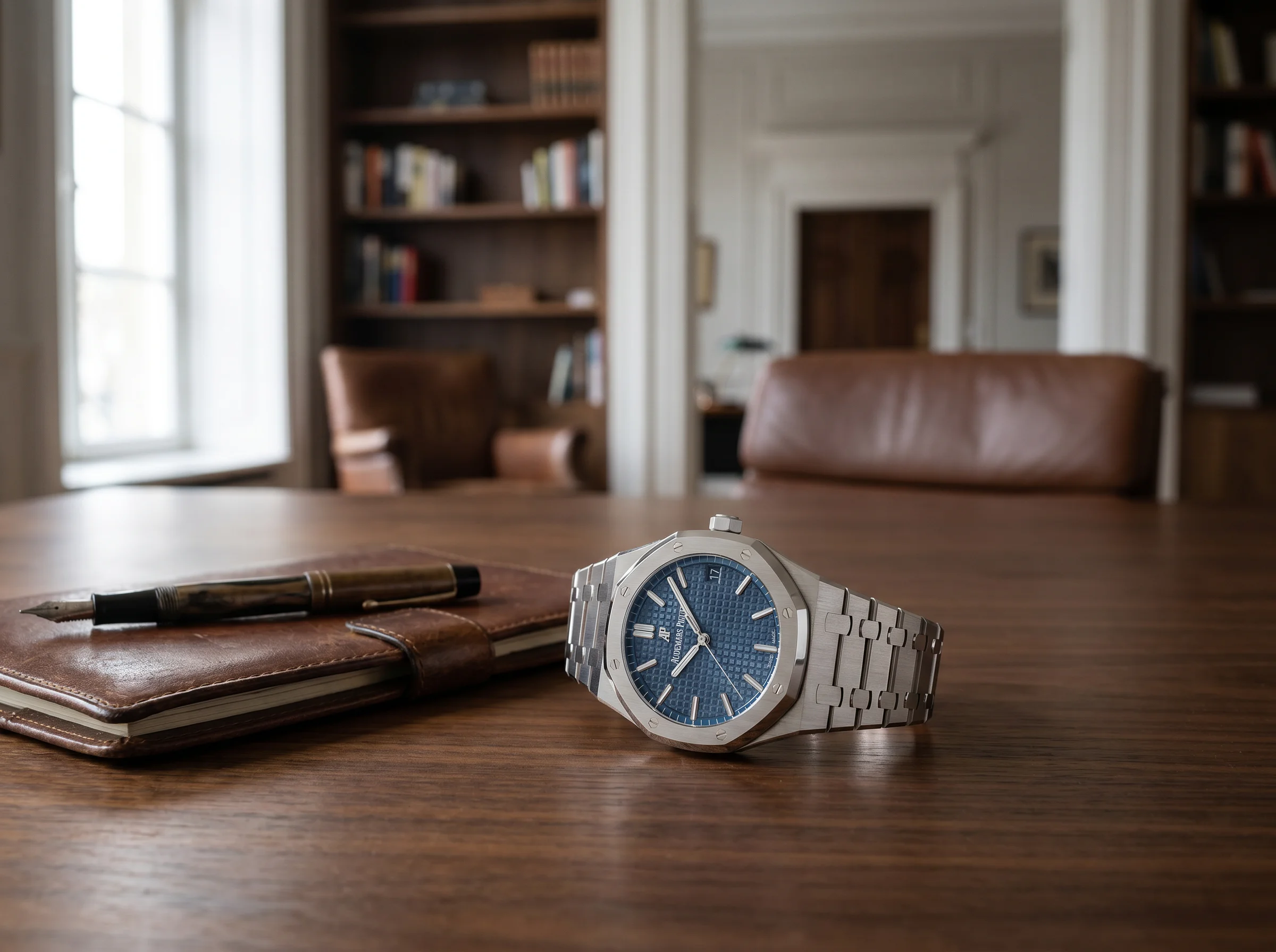 Audemars Piguet Royal Oak 15500ST on a walnut conference table beside a leather portfolio and pen