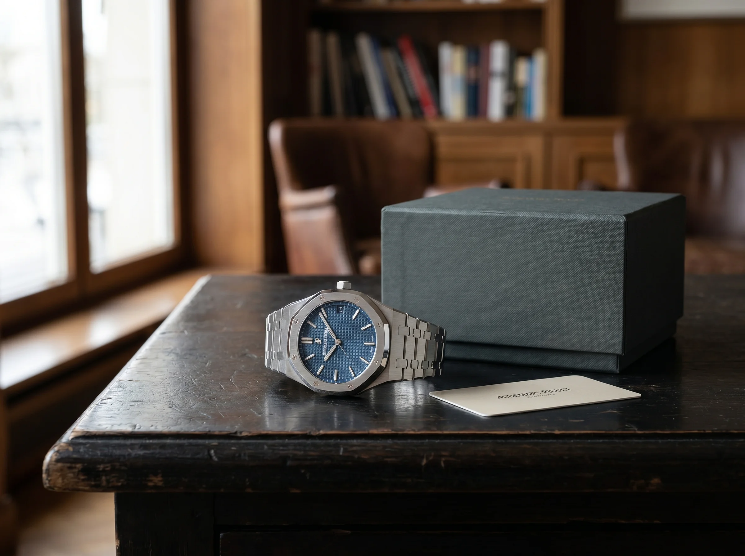 Audemars Piguet Royal Oak 15500ST on a dark desk beside a closed presentation box and card