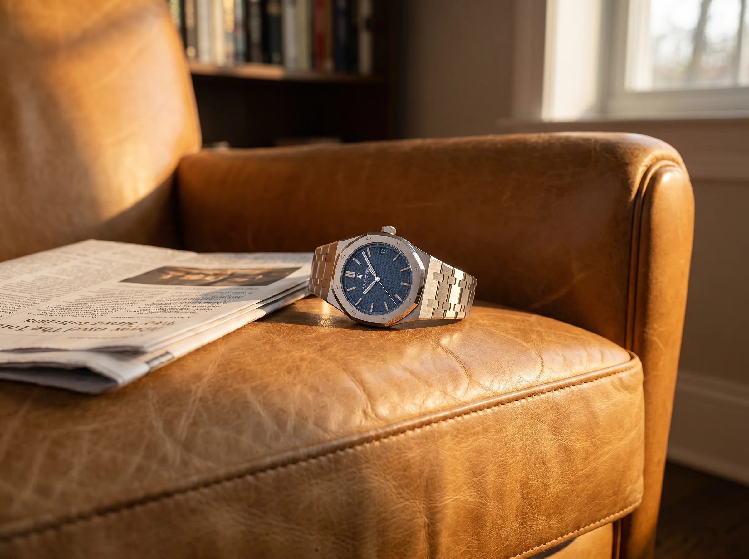 Audemars Piguet Royal Oak 15500ST on the arm of a tan leather club chair beside a newspaper