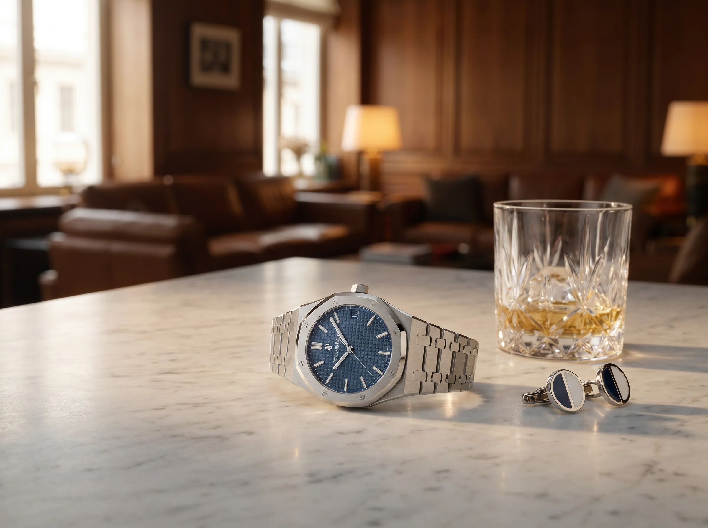 Audemars Piguet Royal Oak 15500ST on a pale marble counter beside a crystal tumbler and cufflinks