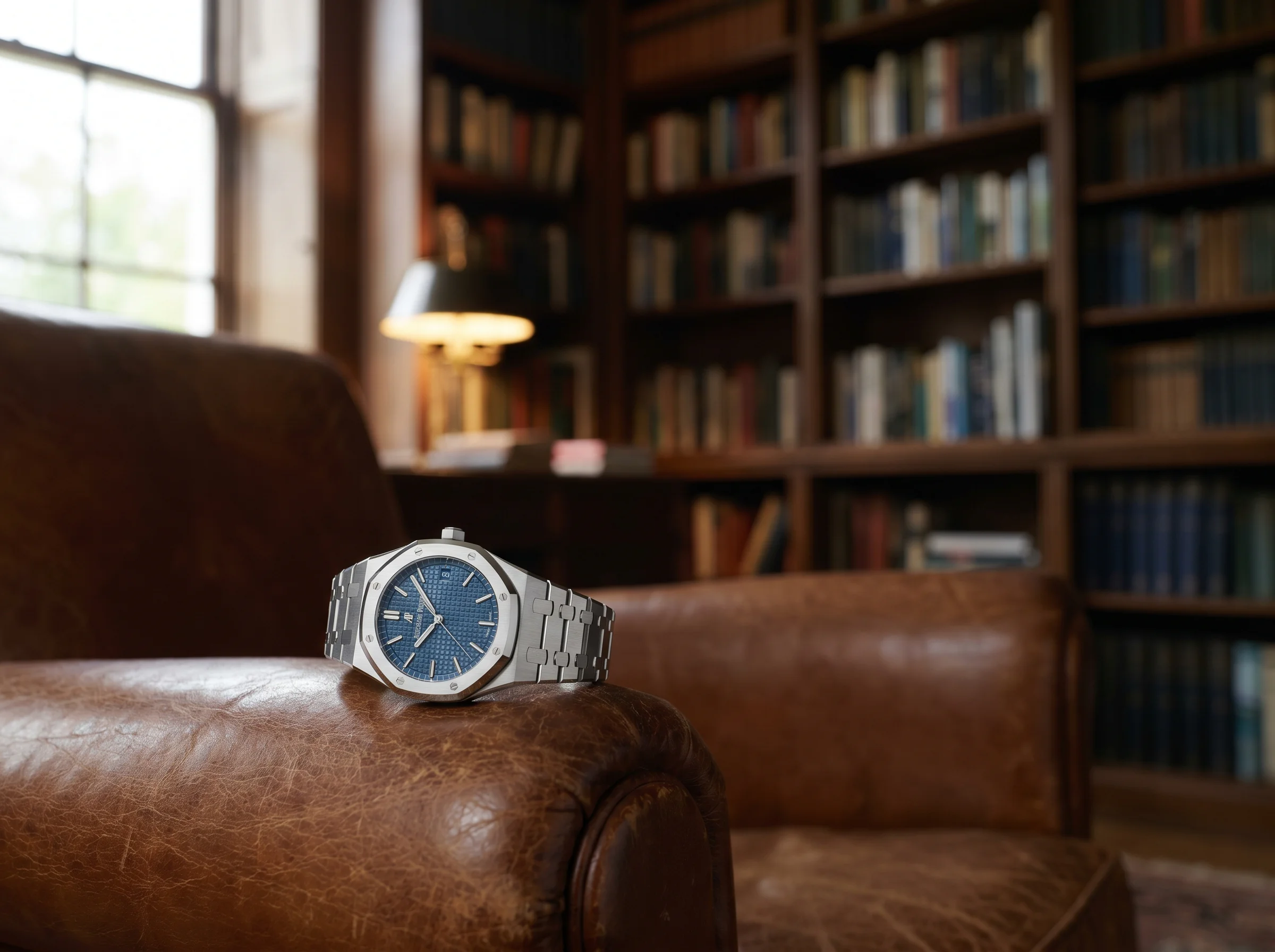 Audemars Piguet Royal Oak 15500ST steel with blue tapisserie dial on the arm of a cognac leather chair