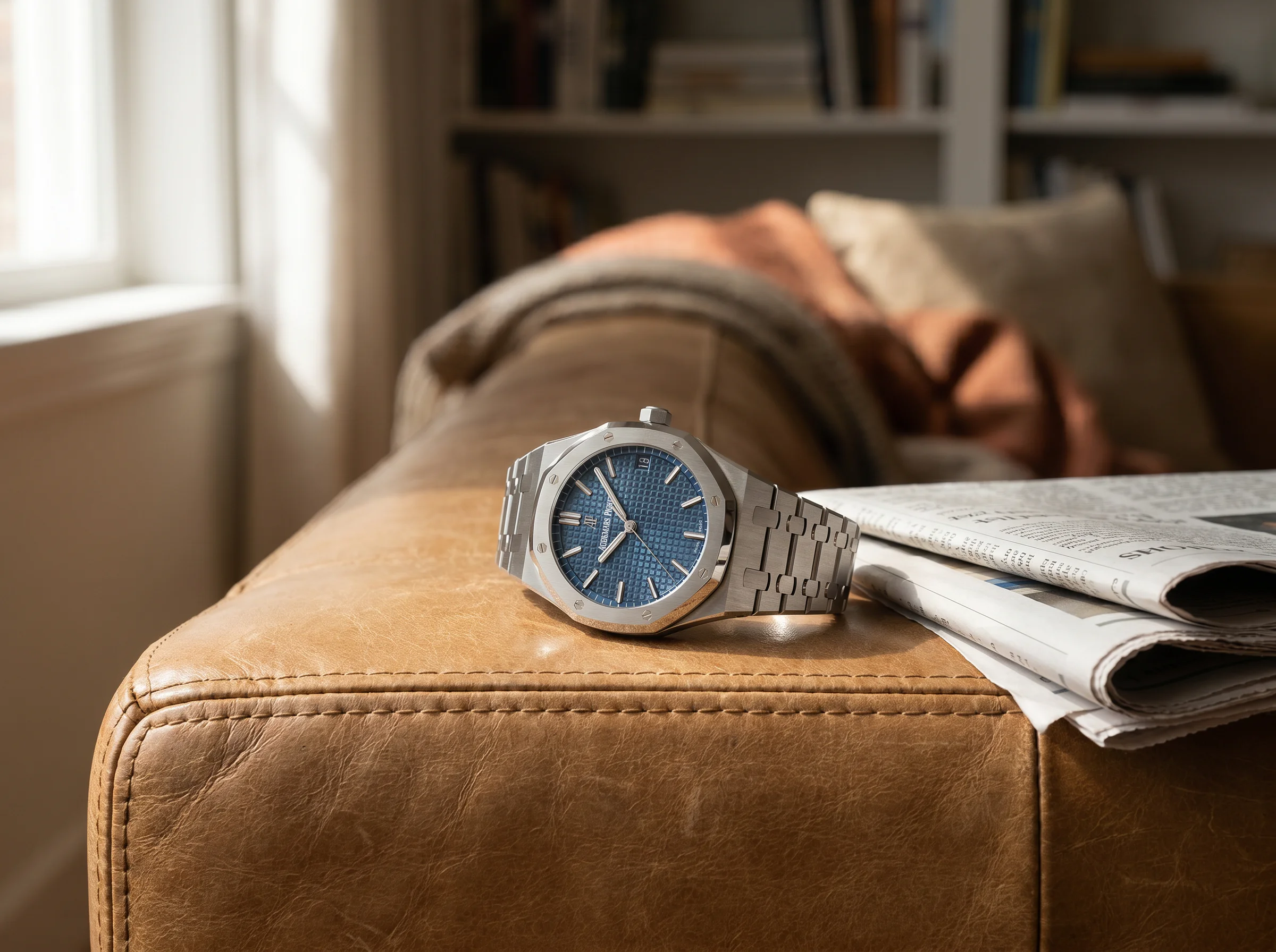 Audemars Piguet Royal Oak 15500ST with blue dial resting on the arm of a tan leather sofa