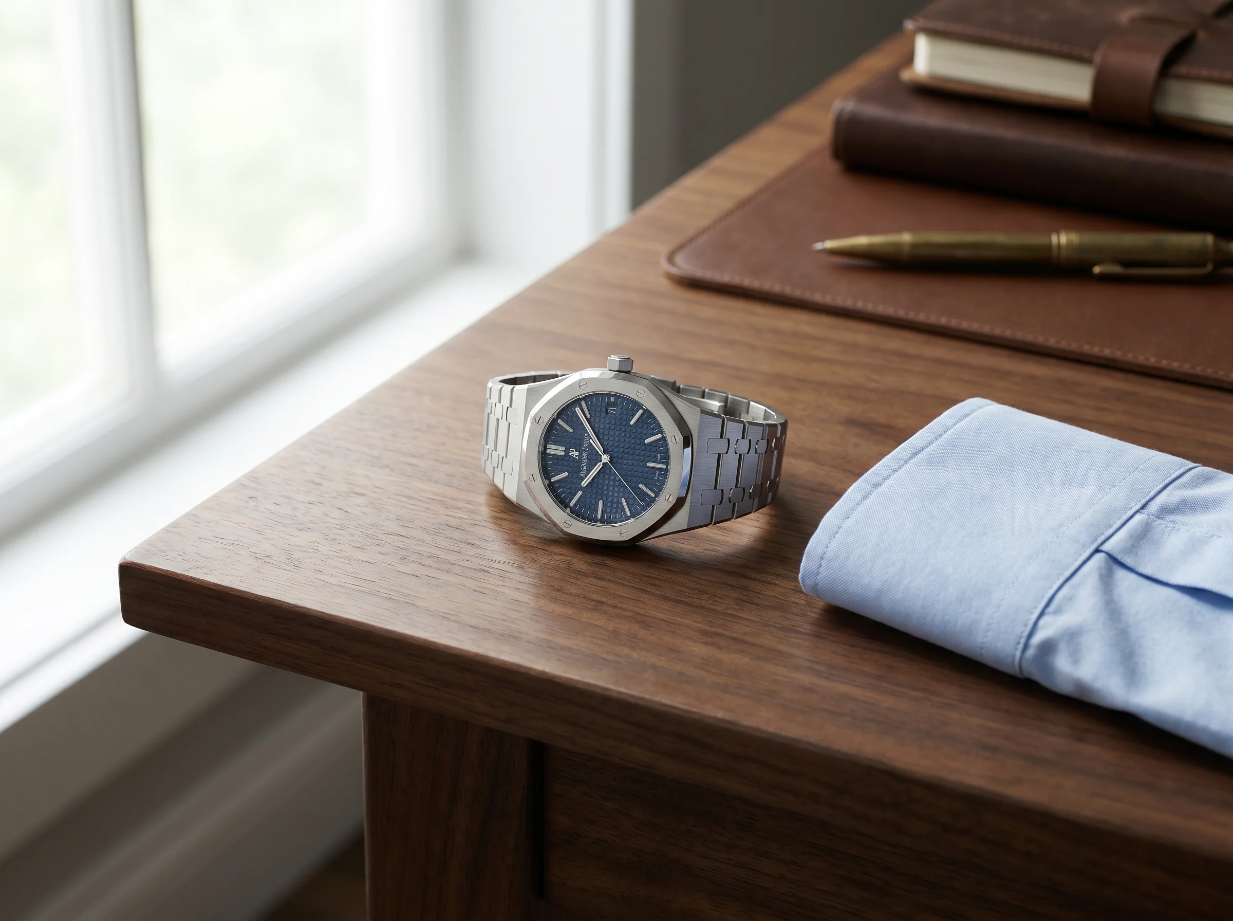 Audemars Piguet Royal Oak Selfwinding 41mm in steel with blue Grande Tapisserie dial on a wood desk
