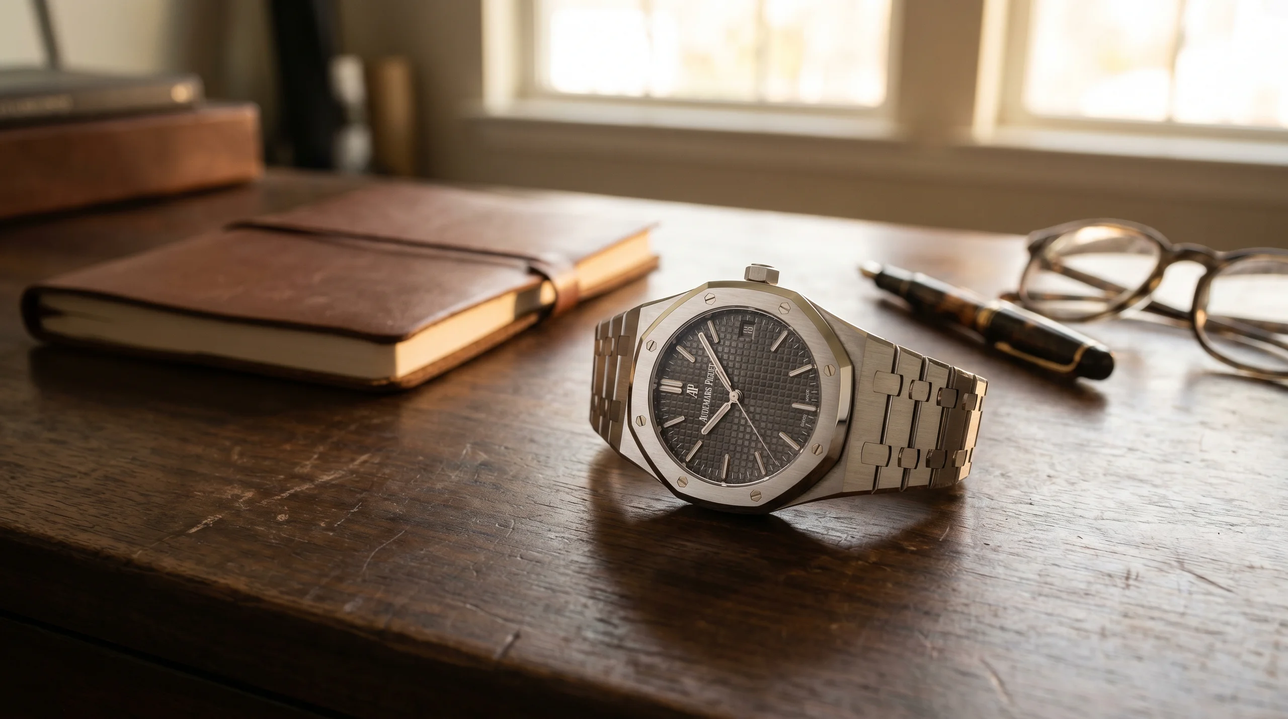 Audemars Piguet Royal Oak Selfwinding 41mm 15510ST in stainless steel with smoked grey Grande Tapisserie dial on a walnut writing desk