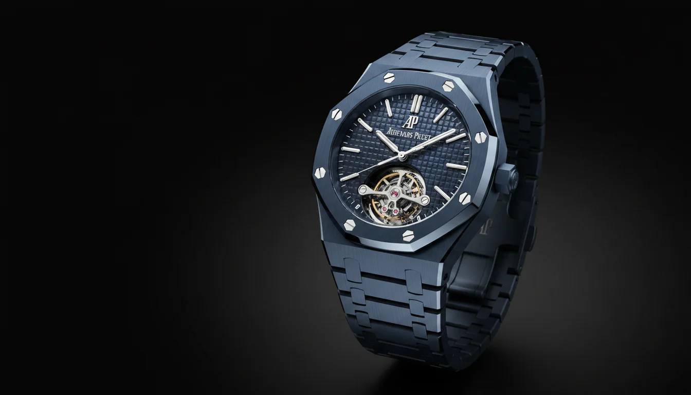Audemars Piguet Royal Oak Selfwinding Flying Tourbillon in Bleu Nuit, Nuage 50 ceramic, reference 26730CD, angled to show the flying tourbillon at 6 o'clock.
