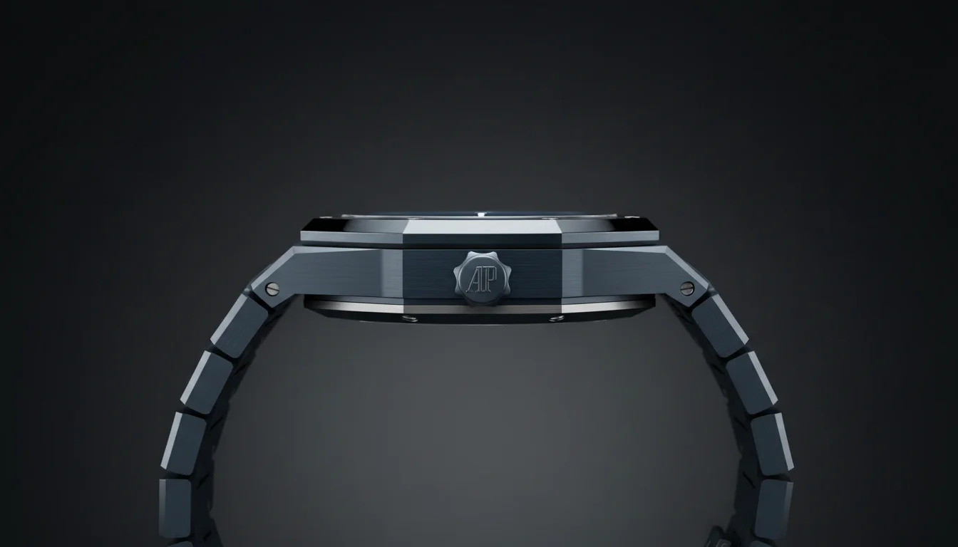 Side profile of the Audemars Piguet Royal Oak Flying Tourbillon in ceramic, showing the case thickness and integrated bracelet.
