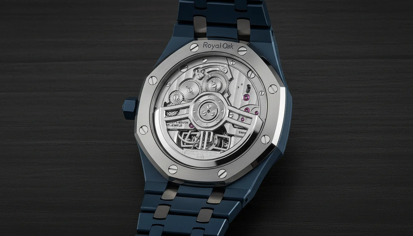 Sapphire exhibition caseback of the Audemars Piguet Royal Oak Flying Tourbillon, showing the hand-finished Calibre 2950 movement.