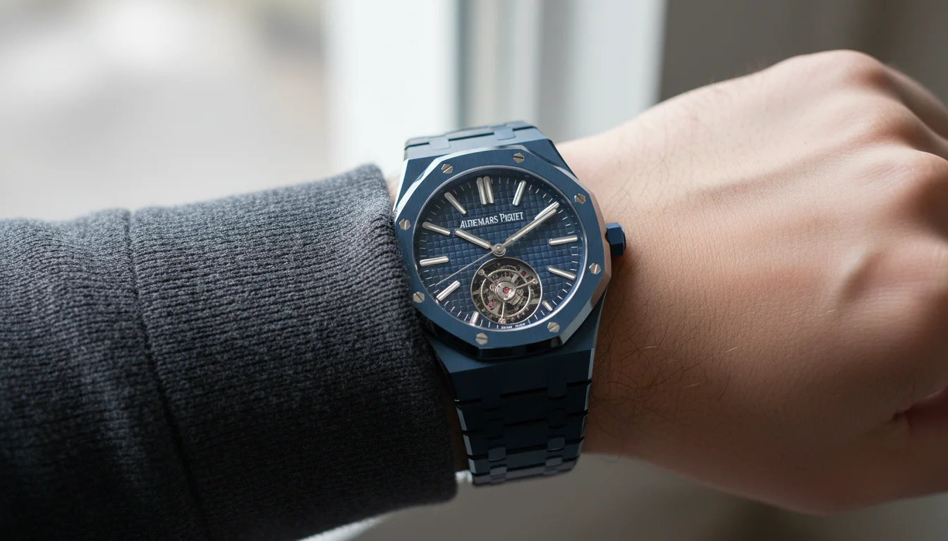 Audemars Piguet Royal Oak Flying Tourbillon in Bleu Nuit, Nuage 50 ceramic worn on the wrist.