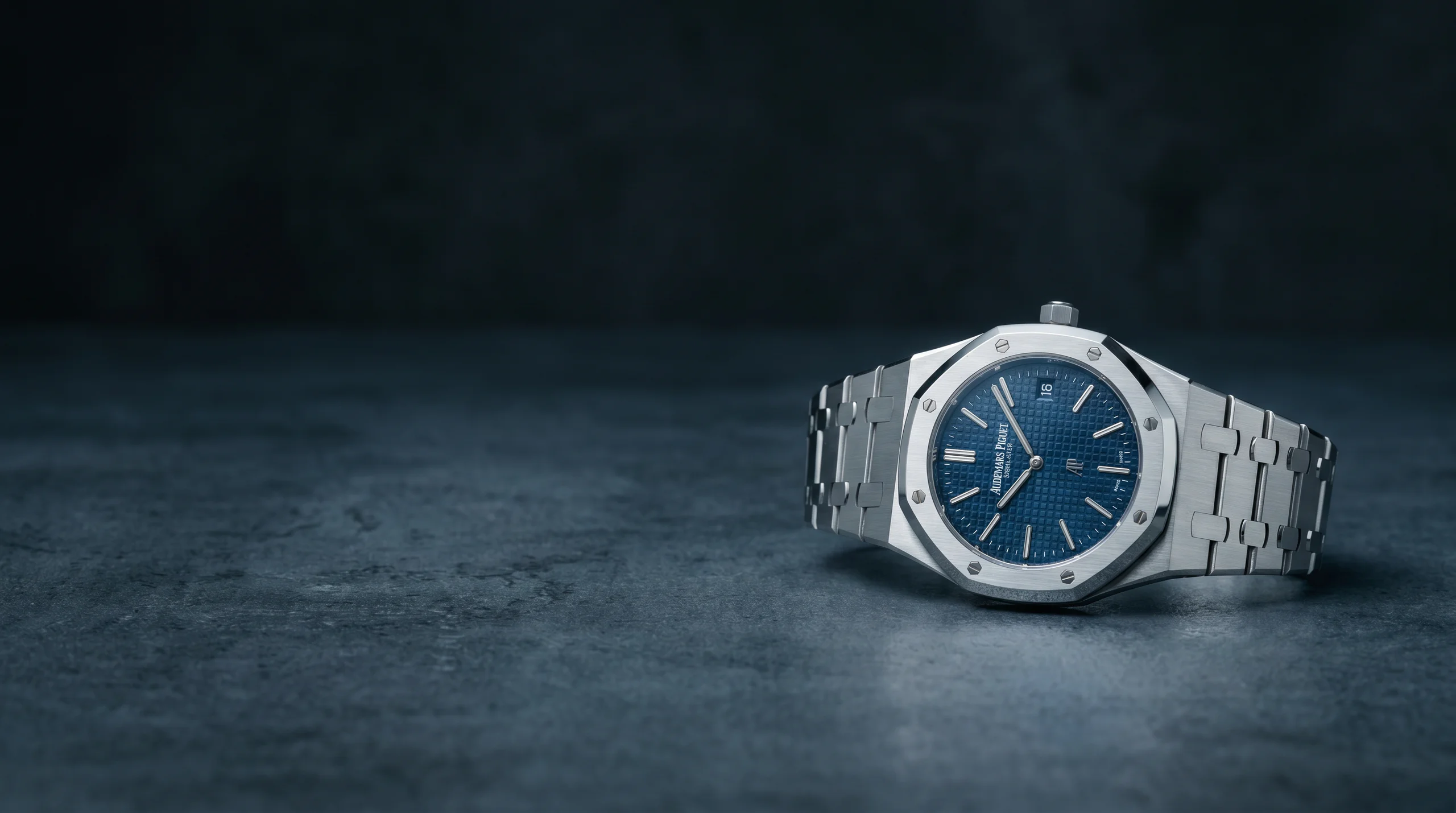 Audemars Piguet Royal Oak Jumbo Extra-Thin 16202ST in stainless steel with blue Petite Tapisserie dial, the modern successor to the 1972 original