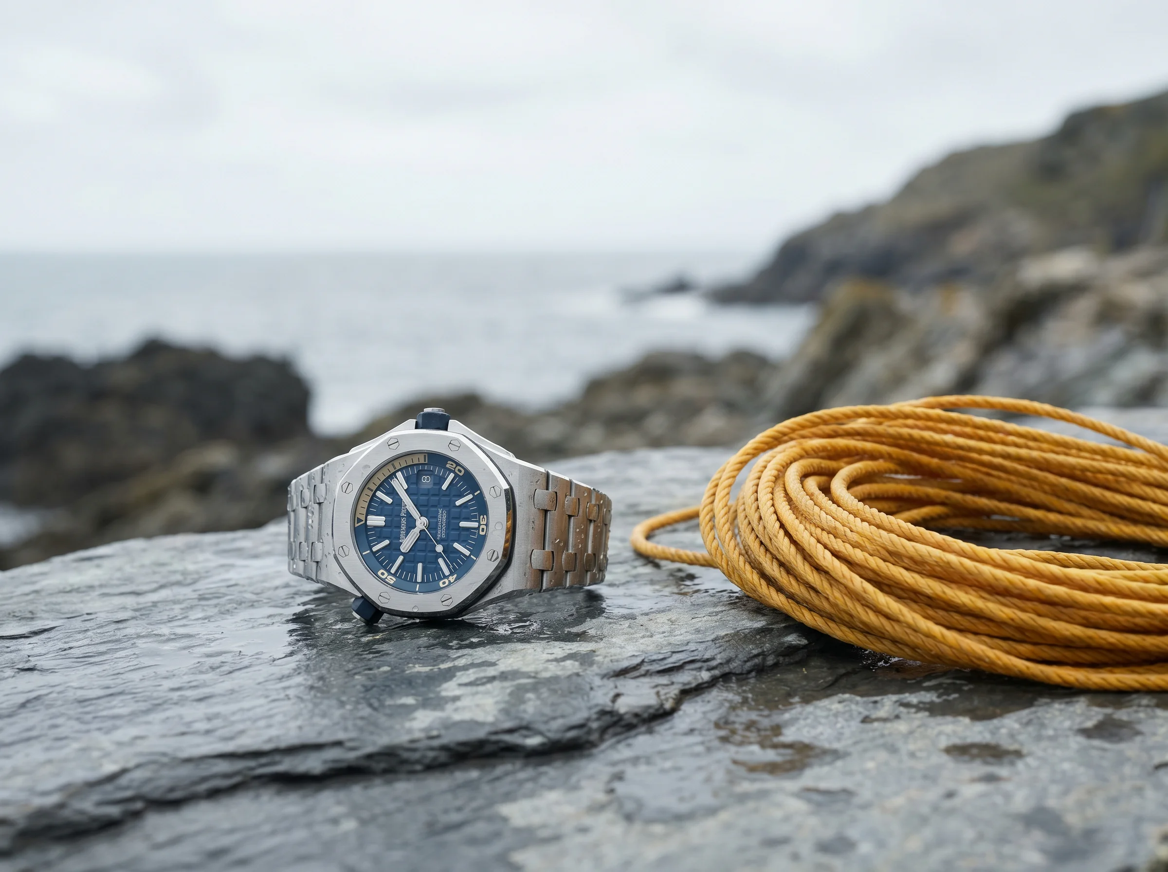 Audemars Piguet Royal Oak Offshore Diver in steel with blue Mega Tapisserie dial on wet slate