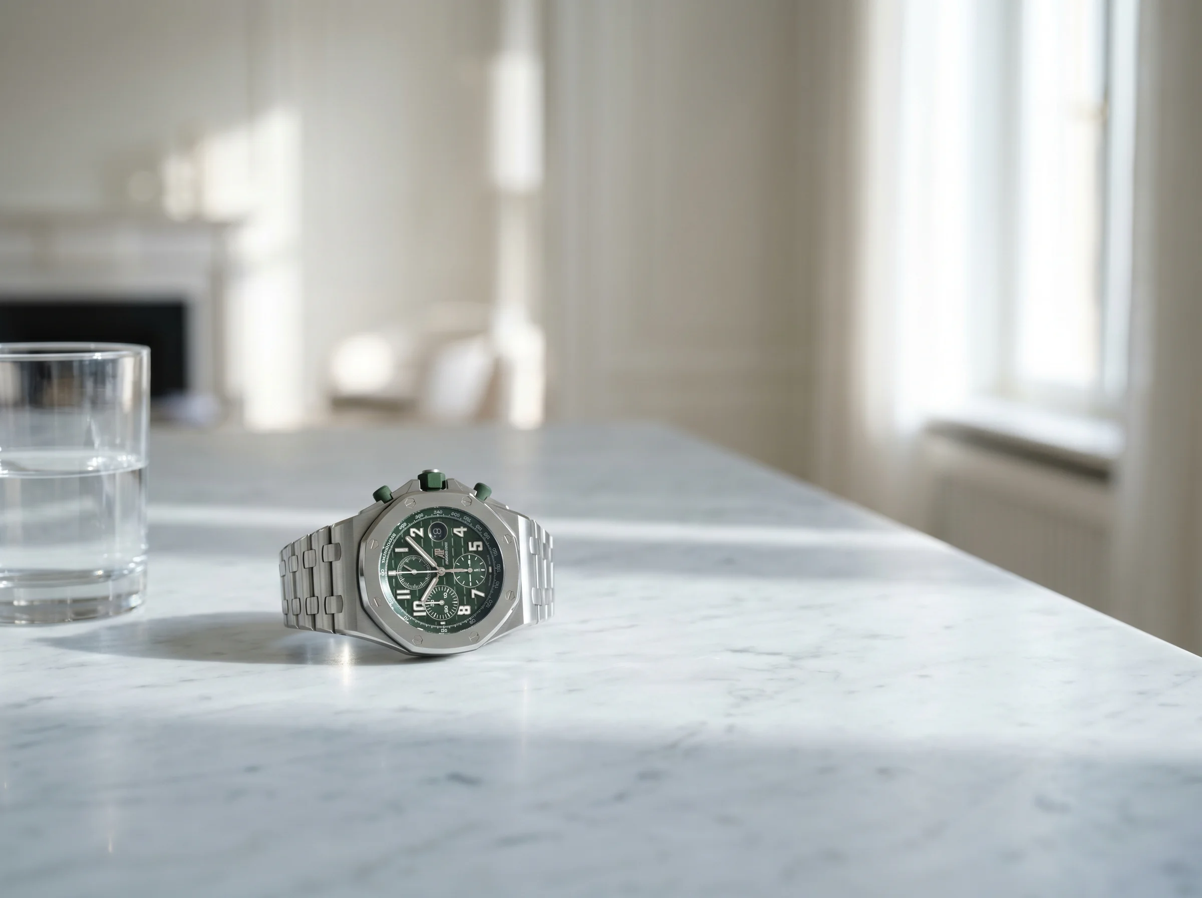Audemars Piguet Royal Oak Offshore chronograph in steel with green Mega Tapisserie dial on marble