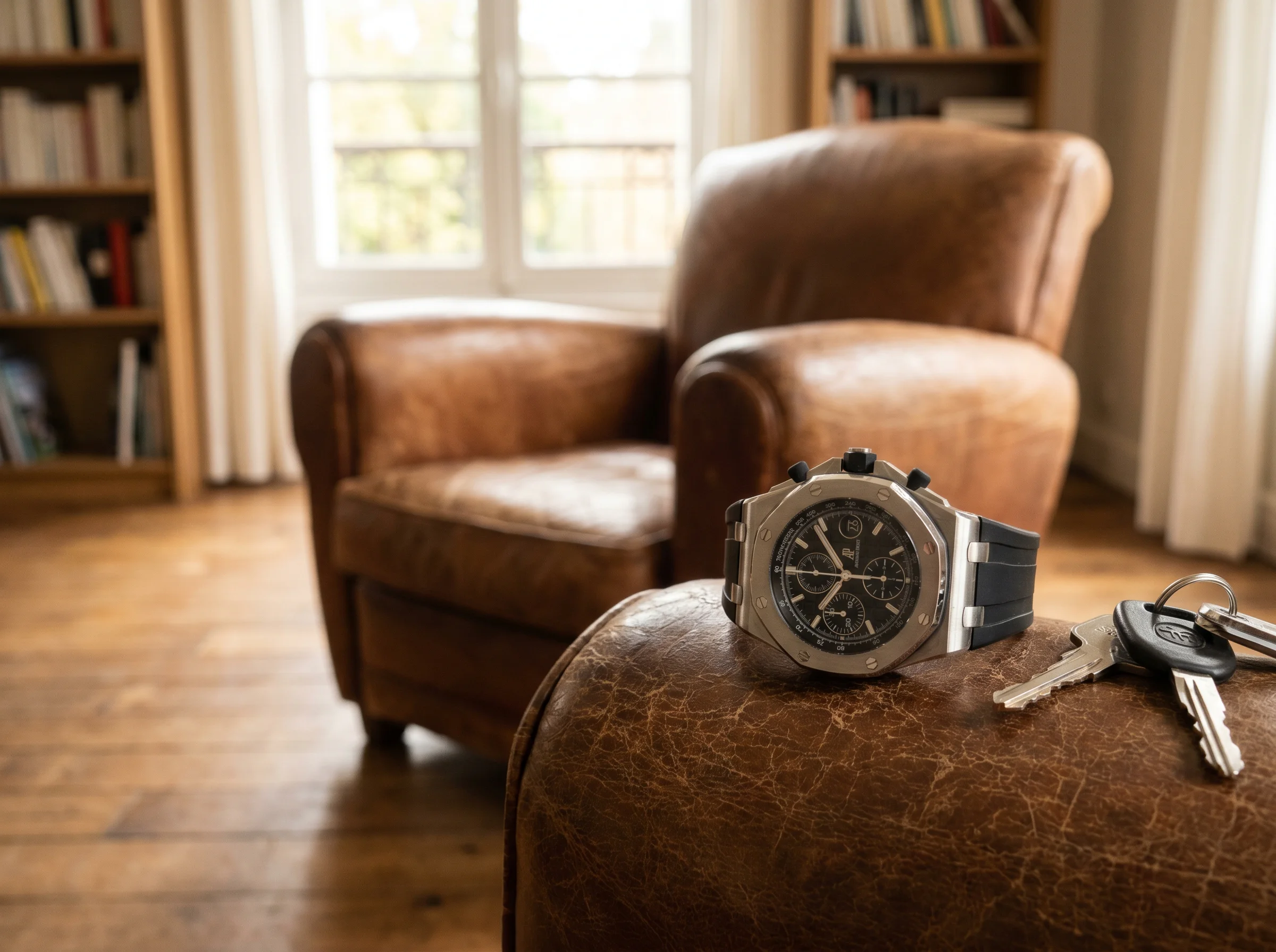 Audemars Piguet Royal Oak Offshore chronograph on a black rubber strap resting on a leather chair arm
