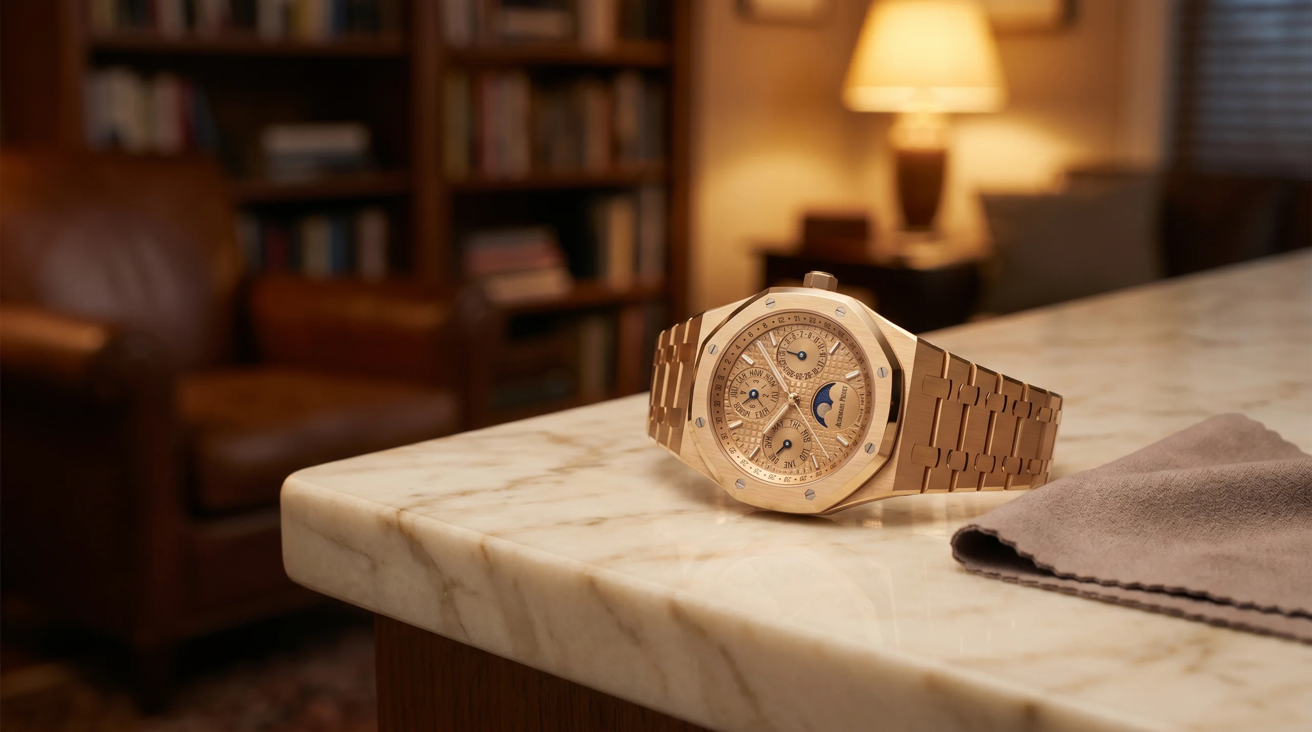 Audemars Piguet Royal Oak Selfwinding Perpetual Calendar 26674SG in 18k Sand Gold with matching tone-on-tone dial, GPHG 2025 Iconic Watch Prize winner featuring the all-crown adjustable Calibre 7138