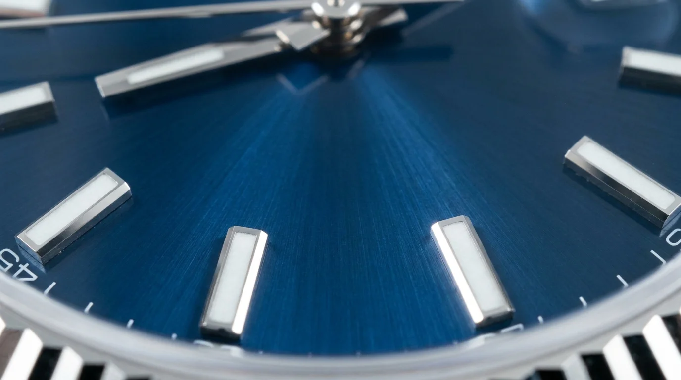 Macro shot of applied hour markers standing in raised, faceted relief on a blue sunburst watch dial