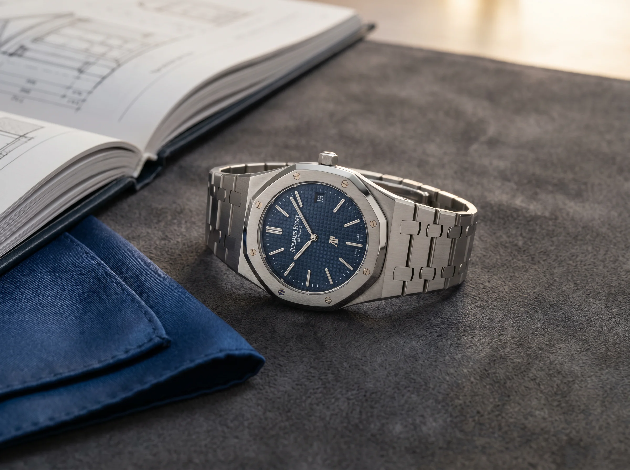 Audemars Piguet Royal Oak Jumbo Extra-Thin 16202ST in stainless steel with blue Petite Tapisserie dial and integrated bracelet