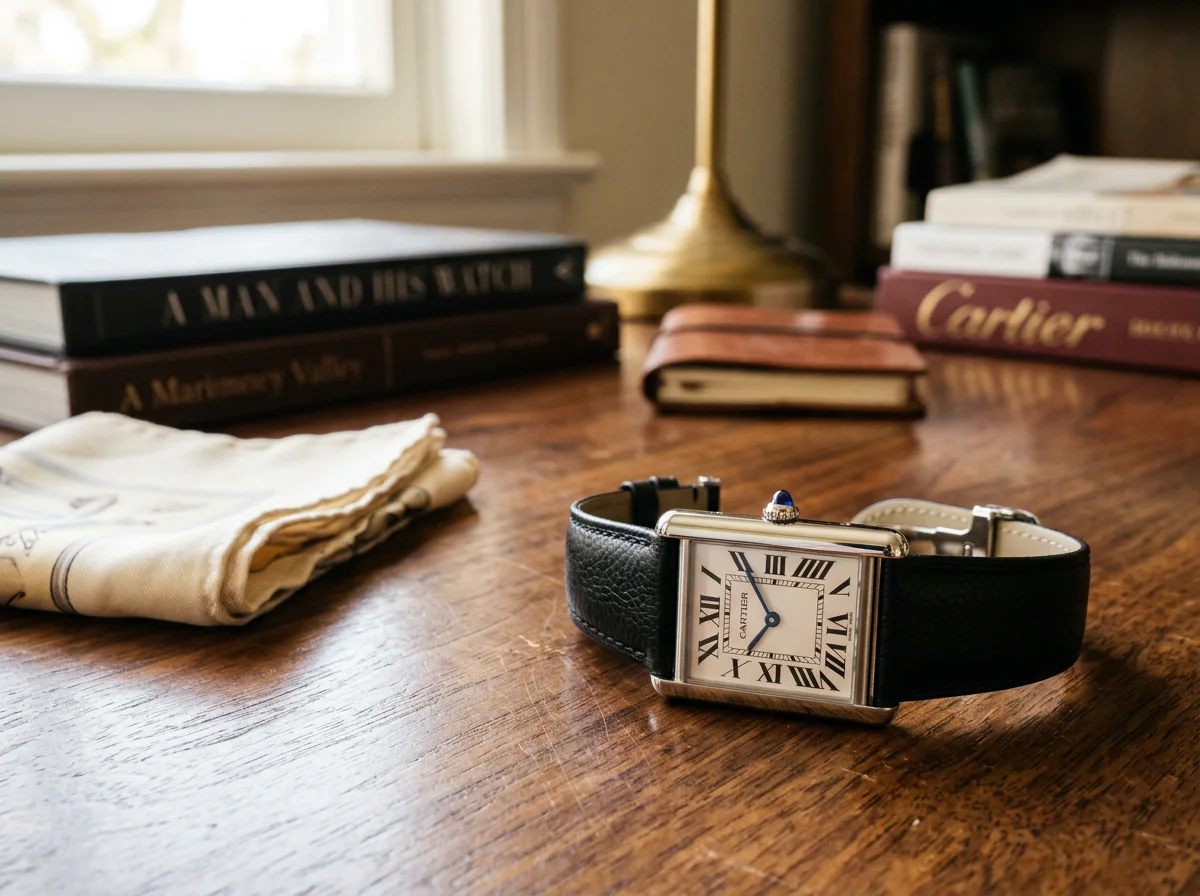 Cartier Tank Must Large in stainless steel with silvered opaline dial, Roman numerals, blue steel sword hands, and blue cabochon crown on a black calf leather strap