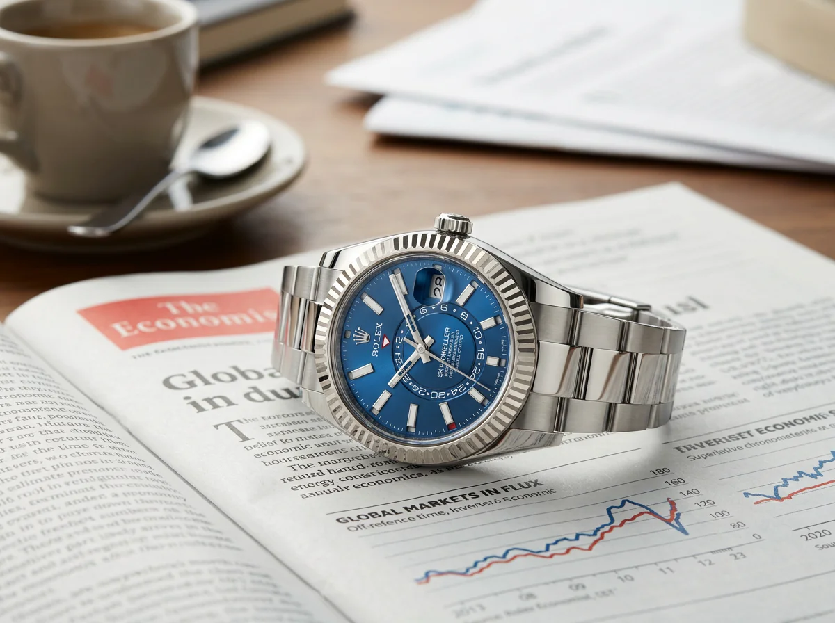 Rolex Sky-Dweller 336934 in two-tone stainless steel and white gold with blue dial, fluted bezel, and Saros annual calendar apertures