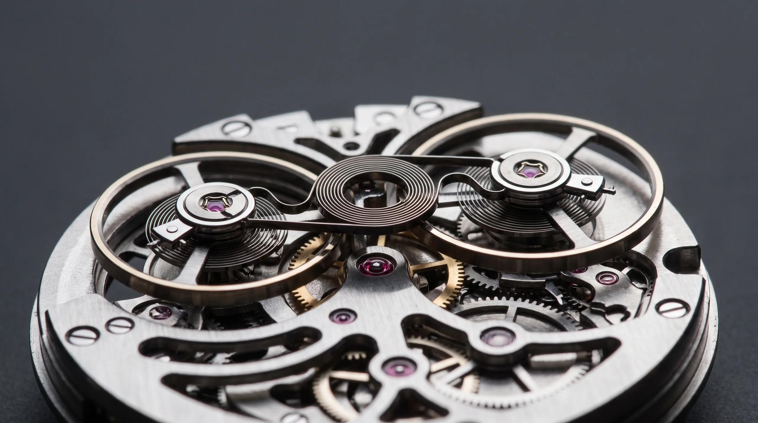 Extreme macro photograph of the Armin Strom resonance clutch spring linking two balance wheels