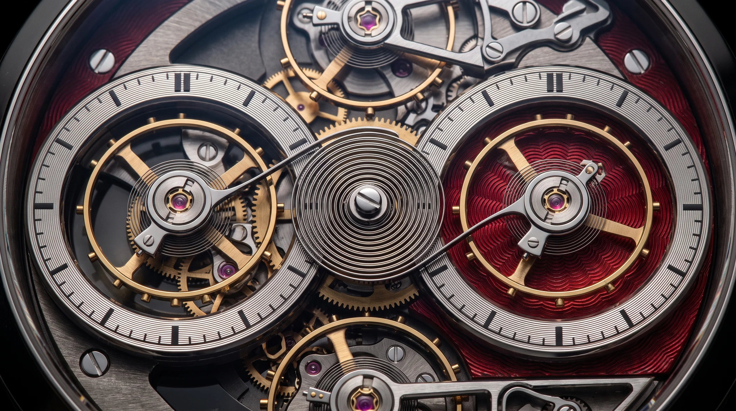 Armin Strom Mirrored Force Resonance dial macro showing two symmetric balance wheels and the clutch spring