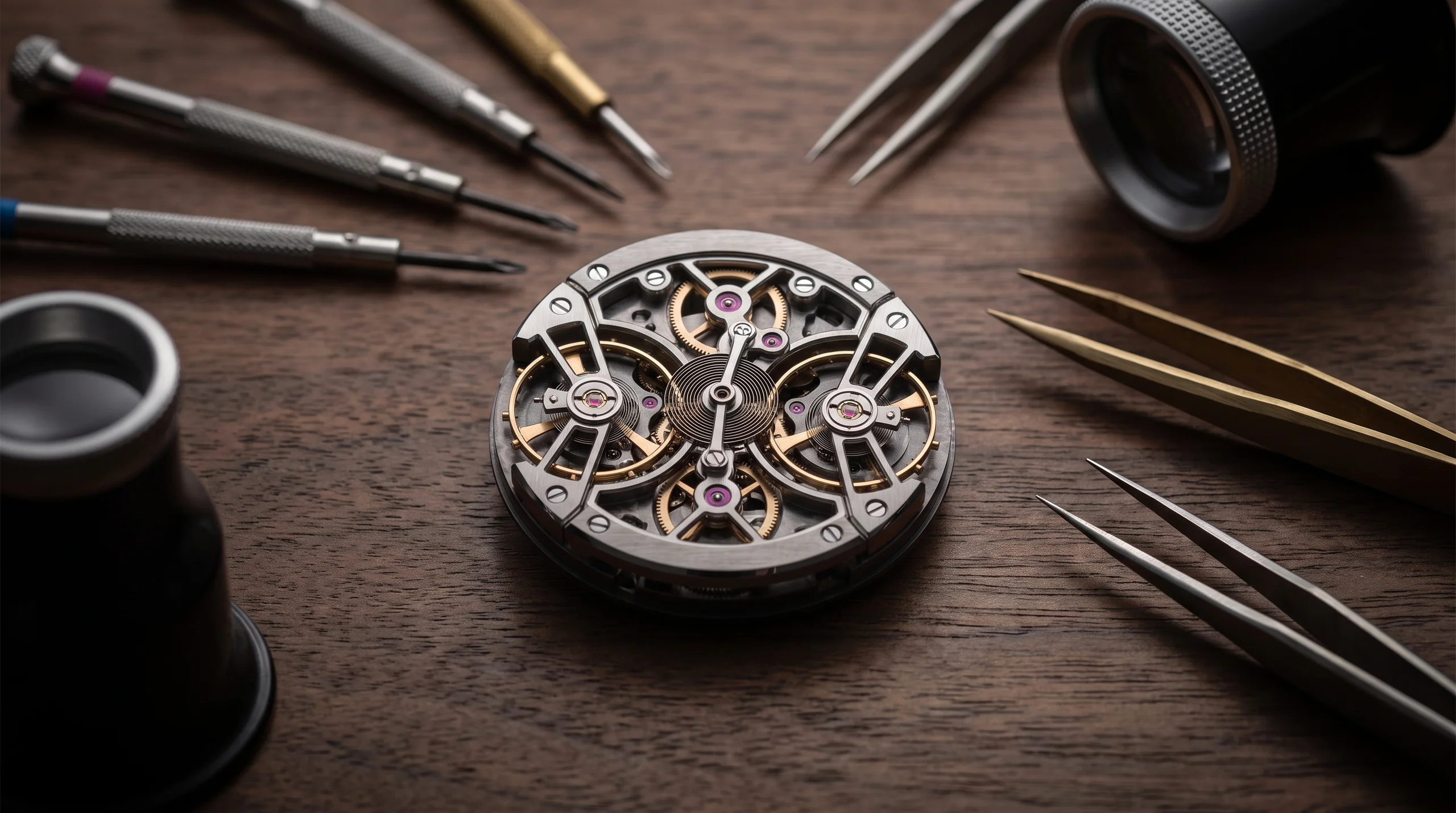 Skeletonized Armin Strom Mirrored Force Resonance movement resting on a watchmaker's bench beside tools