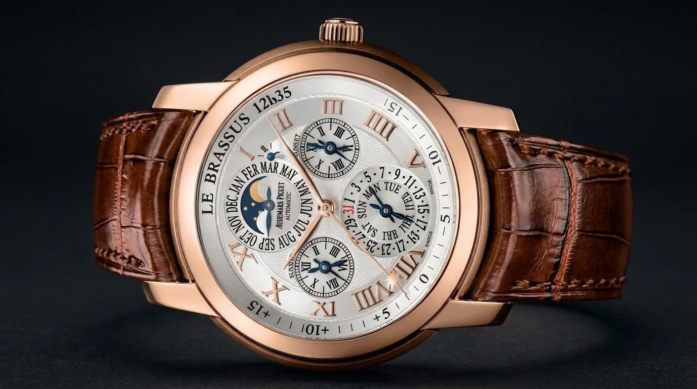 Audemars Piguet Jules Audemars Equation of Time watch in rose gold with perpetual calendar subdials on a brown leather strap.
