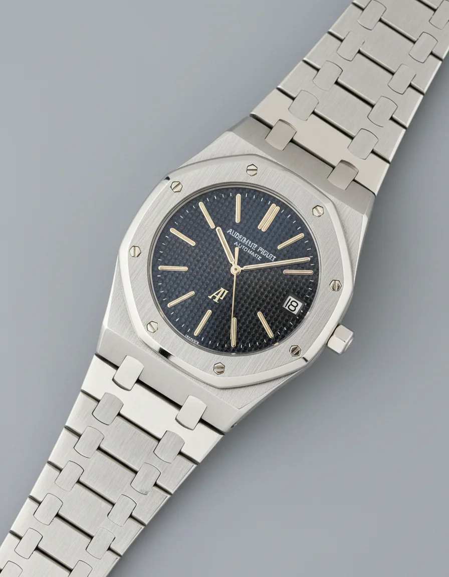 Vintage steel Audemars Piguet Royal Oak reference 5402, the original Jumbo, with blue tapisserie dial and integrated bracelet