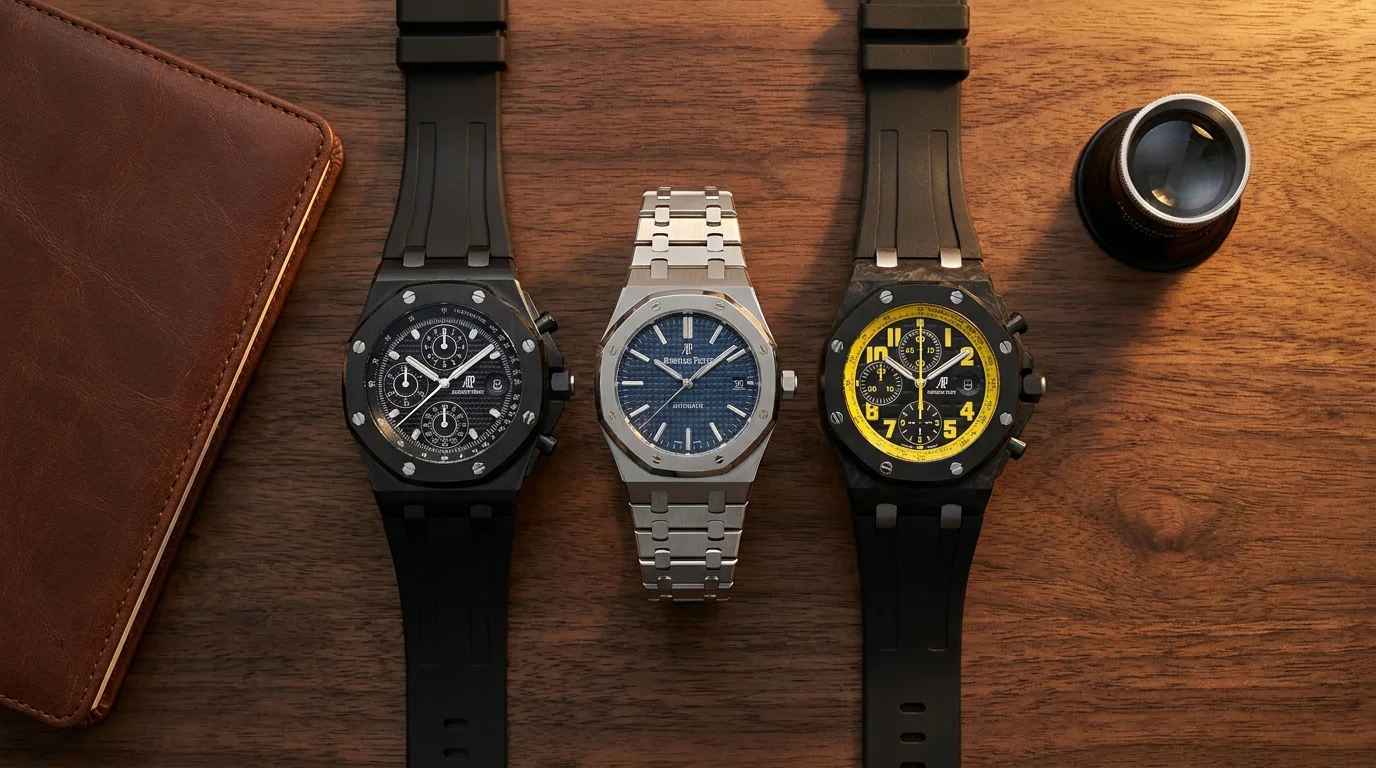 Audemars Piguet Royal Oak Offshore, Royal Oak, and Bumblebee side by side showing the models collectors nickname Beast, Jumbo, and Bumblebee